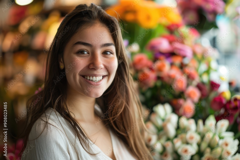 Young smiling cheerful woman florist at flower shop with vibrant flowers on blurred floral background Young smiling cheerful woman florist at flower shop with vibrant flowers on blurred floral background