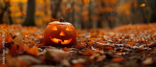 Jack-o-Lantern Pumpkin Glowing Brightly Amidst Autumn Leaves with a Warm Golden Light, Capturing the Magical Essence of Halloween and Creating a Cozy and Festive Atmosphere photo