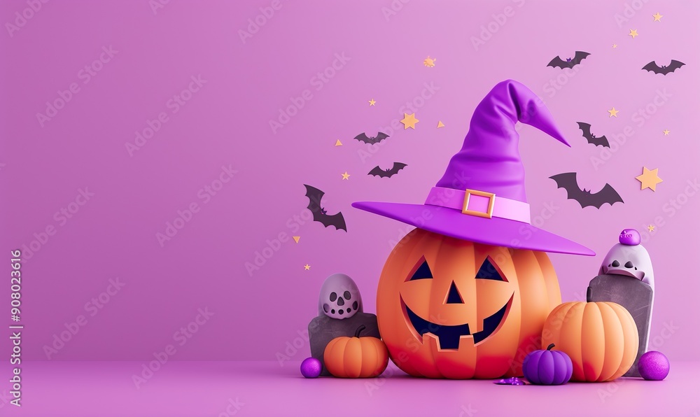 3D Halloween Pumpkin with Witch Hat and Ghost Decoration in a Fun and Colorful Setting, Perfect for Celebrating Halloween with a Festive and Spooky Atmosphere 3D Halloween Pumpkin with Witch Hat and Ghost Decoration in a Fun and Colorful Setting, Perfect for Celebrating Halloween with a Festive and Spooky Atmosphere