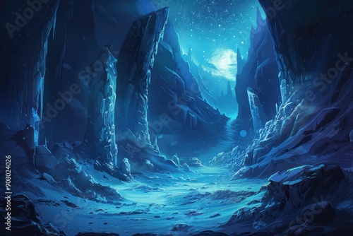 A frozen valley under a starry night sky with towering ice mountains and a mystical glow