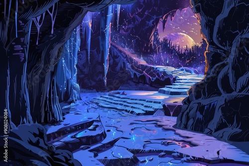A mystical cave entrance illuminated by glowing lights in a fantastical night landscape