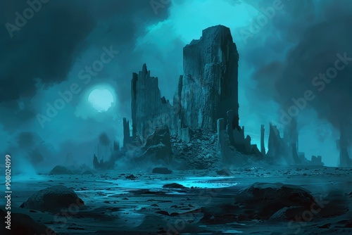 A towering rock formation stands against a blue and hazy sky a large moon hovering in the distance