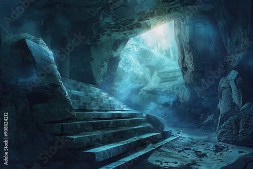 A Stone Staircase Leads to a Bright Light Emitting from the Mouth of a Cave
