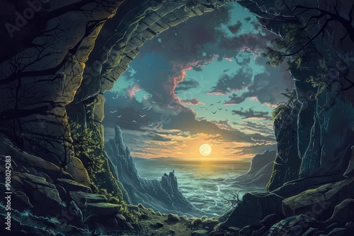 A scenic view of a sunset over the ocean as seen from a cave entrance
