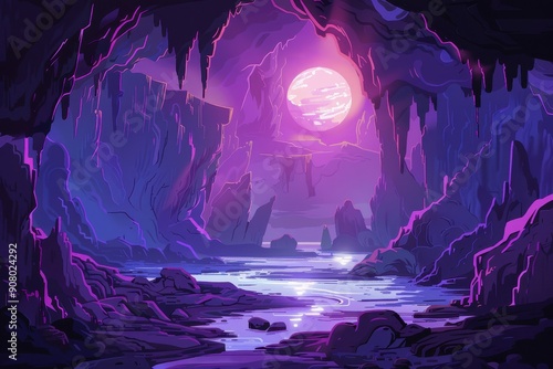A mystical moon illuminates a serene cave landscape with purple hues and a glimmering water passage