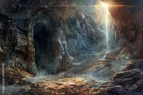 The image depicts a cave entrance bathed in sunlight with a set of steps leading upwards