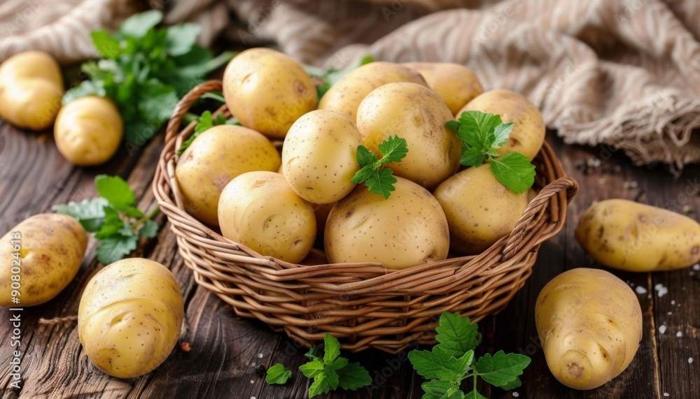 Small Uncooked Potatoes in a Wooden Container Small Uncooked Potatoes in a Wooden Container