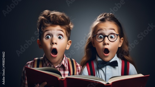 Surprised Kids Reacting to a Story While Reading Book on Black Background