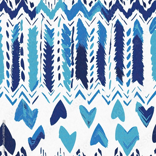 Summery ikat zig zag pattern in painterly brushstroke digital design. Modern coastal living printed chevron textile decor in seamless all over template.  photo