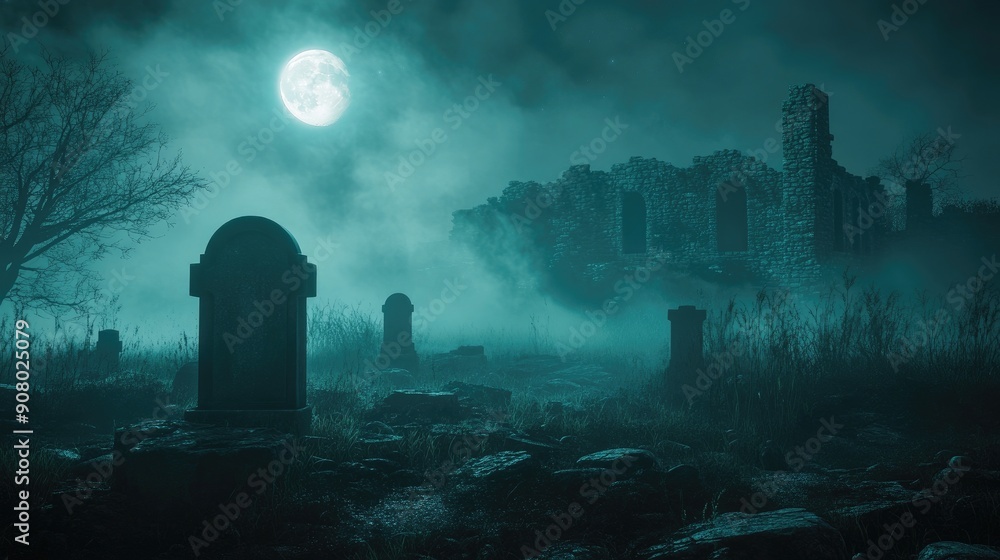 Eerie graveyard with glowing tombstones, fog and moonlight, copy space Eerie graveyard with glowing tombstones, fog and moonlight, copy space