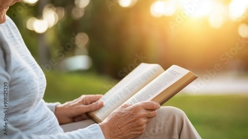 Tranquil Senior Embracing Nature: Close-Up Portrait of Elderly Individual Reading a Book on Park Bench, Finding Peace and Serenity in Outdoor Fusion