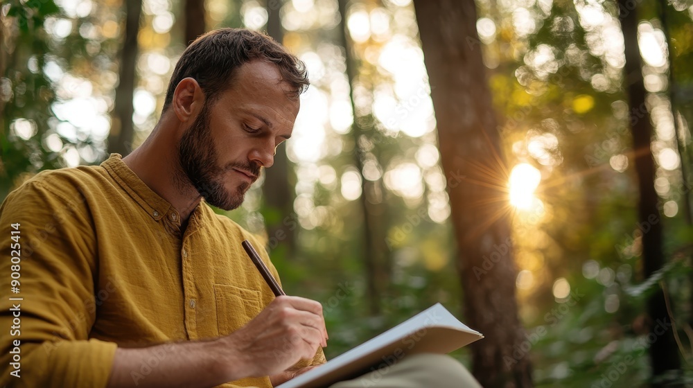 Creative Mindfulness: Close-Up of Man Sketching in Vibrant Forest Fusion Creative Mindfulness: Close-Up of Man Sketching in Vibrant Forest Fusion