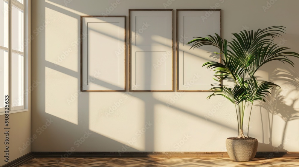 Minimalist interior with three empty picture frames on a wall, a potted plant, and shadows cast by sunlight through a window. Minimalist interior with three empty picture frames on a wall, a potted plant, and shadows cast by sunlight through a window.