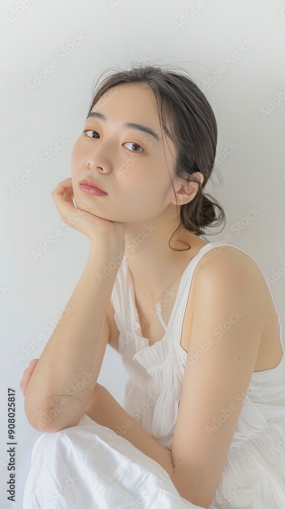 Young woman looking straight ahead with right hand on chin, clear skin, Japanese woman, 20s, wearing white dress. Young woman looking straight ahead with right hand on chin, clear skin, Japanese woman, 20s, wearing white dress.