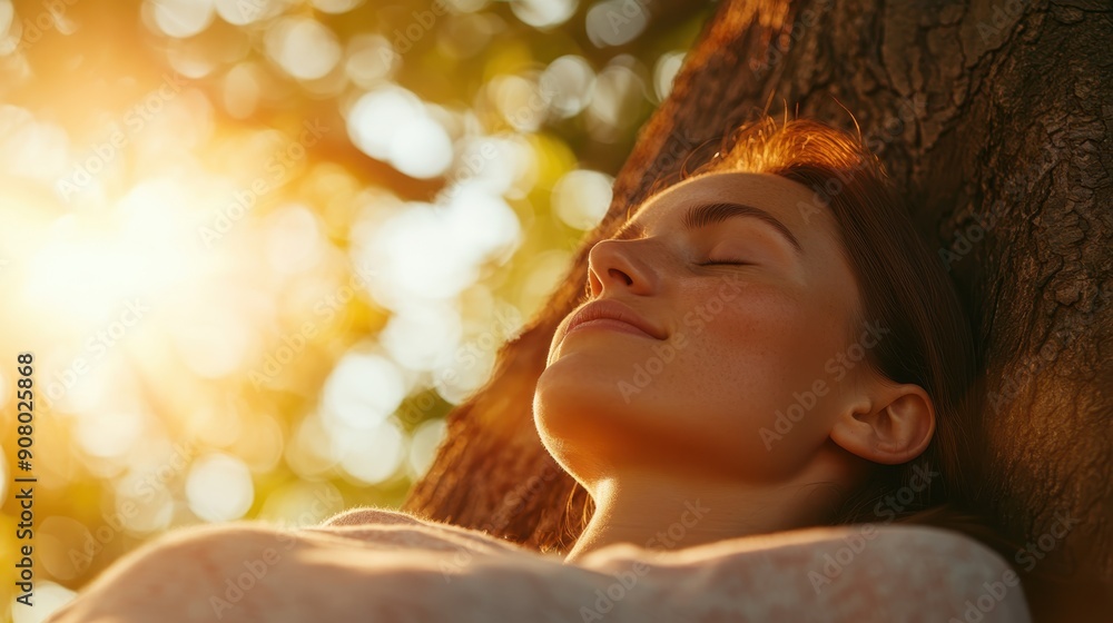 Fototapeta premium Serene Woman Finding Peace Under Tree Canopy Overlay - Restful Nature Nap in Tree Backdrop Scene
