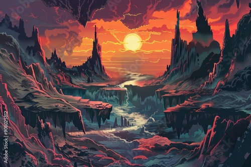 A surreal landscape with a river flowing through it under a setting sun and a dramatic sky