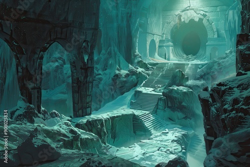 A mysterious and cavernous landscape with a stairway leading to a glowing circular portal