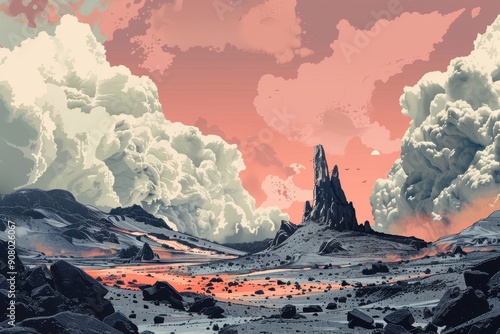 A dramatic landscape with a towering rock formation and puffy clouds against a pink sky