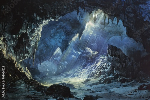 A Glimmer of Light Through a Dark Cave Entrance Leading to a Frozen Mountain Landscape