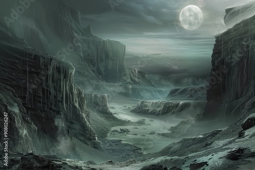 A mysterious moonlit canyon with a river flowing through it
