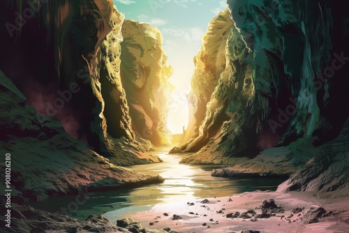 A sunlit river flows through a canyon revealing a hidden path towards a bright future