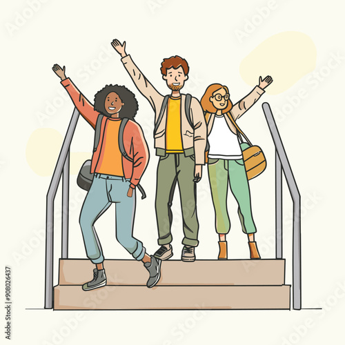 Three students, young adults, backpacks, stairs illustration, casual clothing, friendship, multicultural, diverse, celebration, smiling Group people school university college back school