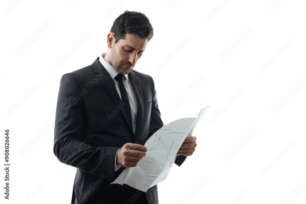 Businessman in formal attire examining paperwork, isolated on white background Businessman in formal attire examining paperwork, isolated on white background