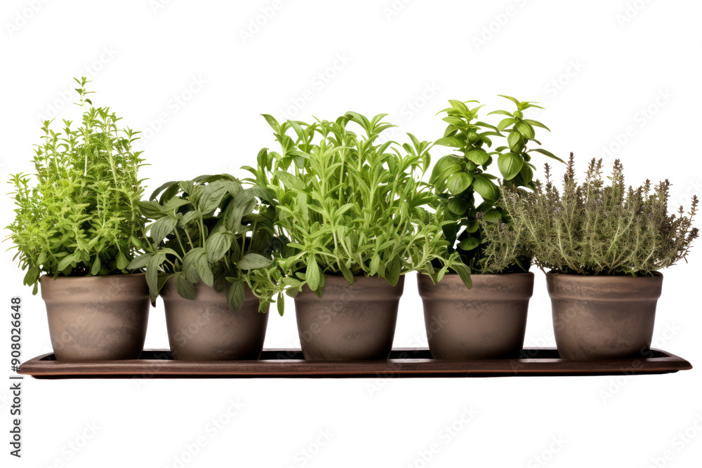 faux herb garden with culinary favorites like basil, rosemary, and thyme, potted in individual ceramic containers, isolated on white background faux herb garden with culinary favorites like basil, rosemary, and thyme, potted in individual ceramic containers, isolated on white background