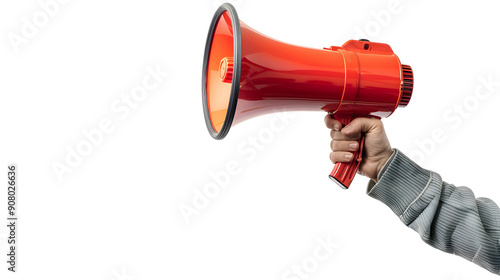 Hand holding a red megaphone isolated on transparent background. PNG. Advertising concept. copy space for text, mock up. 