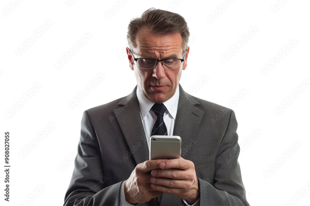 Concerned businessman checking email on smartphone Isolated on white background Concerned businessman checking email on smartphone Isolated on white background
