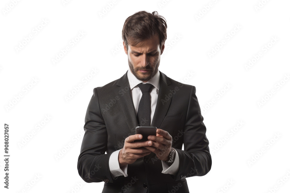Concerned businessman checking email on smartphone Isolated on white background Concerned businessman checking email on smartphone Isolated on white background