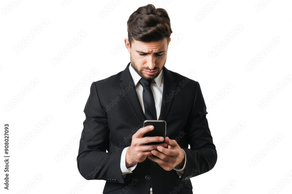 Concerned businessman checking email on smartphone Isolated on white background Concerned businessman checking email on smartphone Isolated on white background
