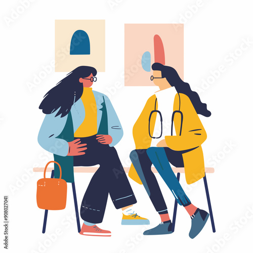 Two women having conversation, bright clothing, indoor setting, abstract wall art, one stethoscope, casual poses, deep discussion. Female doctor patient interacting, colorful outfits, relaxed