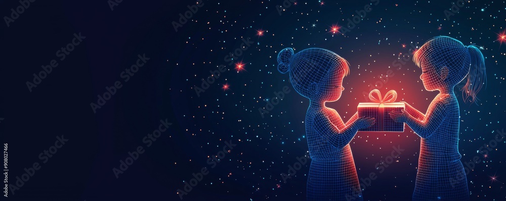 Children sharing a glowing gift in a starry night illustration Children sharing a glowing gift in a starry night illustration