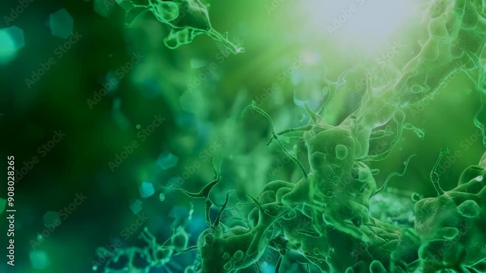 A detailed view of green microorganisms under a microscope, illuminated ...