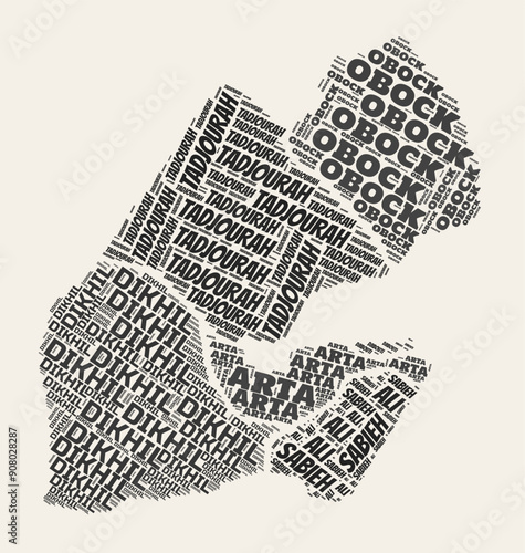 Djibouti Word Cloud. Country with regions division. Djibouti typographic text clouds vector image design. Vintage gazette style country shape image. Beautiful vector illustration.