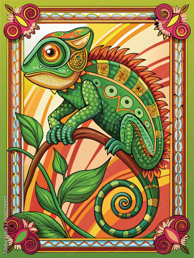 A Green Lizard with Orange Spikes and Spiral Tail in a Colorful Frame A Green Lizard with Orange Spikes and Spiral Tail in a Colorful Frame