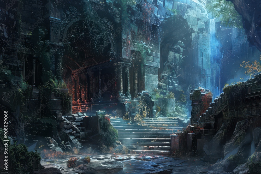 The image depicts an ancient stone structure overtaken by nature creating a sense of mystery and intrigue The image depicts an ancient stone structure overtaken by nature creating a sense of mystery and intrigue