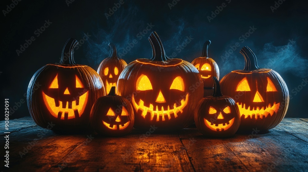 Halloween jack-o'-lanterns on a wooden table, spooky decor, copy space Halloween jack-o'-lanterns on a wooden table, spooky decor, copy space
