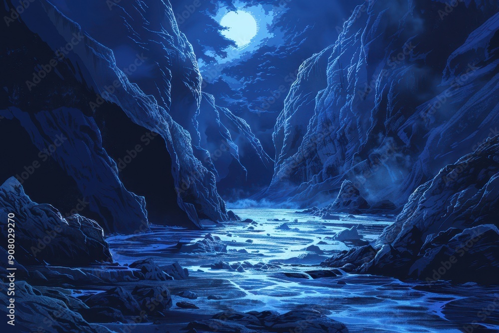 Fototapeta premium A dark and mysterious gorge illuminated by moonlight with a stream flowing through it