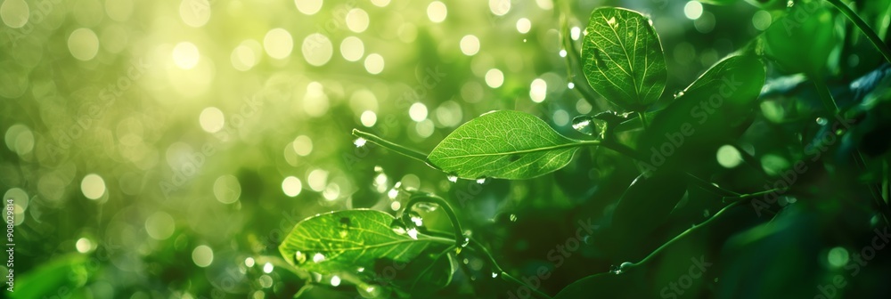 Green leaves kissed by dewdrops with a sparkling bokeh background, symbolizing freshness and the beauty of nature. Green leaves kissed by dewdrops with a sparkling bokeh background, symbolizing freshness and the beauty of nature.