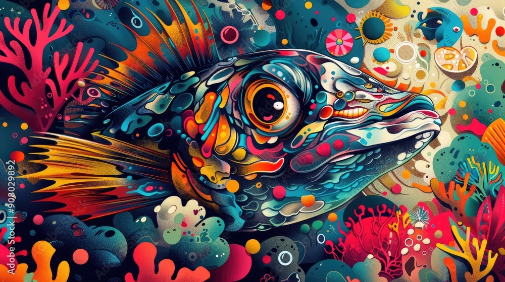 Colorful Abstract Illustration of a Fish Amidst Vibrant Coral Reef Colorful Abstract Illustration of a Fish Amidst Vibrant Coral Reef