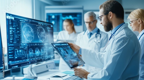 AI-powered diagnostic tools in a bustling emergency room, with doctors and nurses analyzing data to make quick, accurate decisions for patient care.