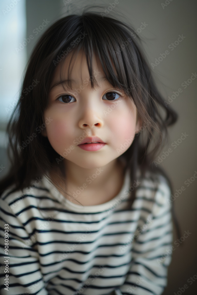 A young girl with dark hair and a striped shirt looks directly at the camera, evoking innocence and curiosity. A young girl with dark hair and a striped shirt looks directly at the camera, evoking innocence and curiosity.