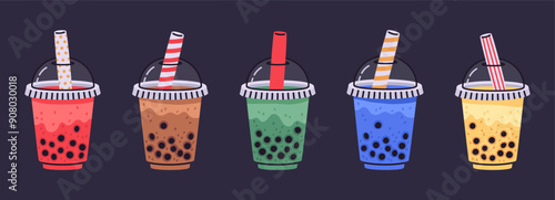 Bubble milk tea cups. Tapioca pearls boba tea drink, taiwan milk tea, soft flavored drinks flat vector illustration set. Hand drawn bubble tea cups