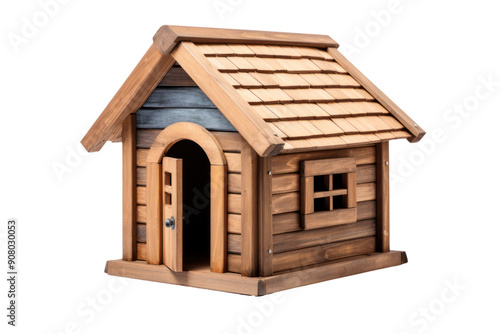 DIY dog house project with step-by-step instructions and a list of materials. Isolated on white background