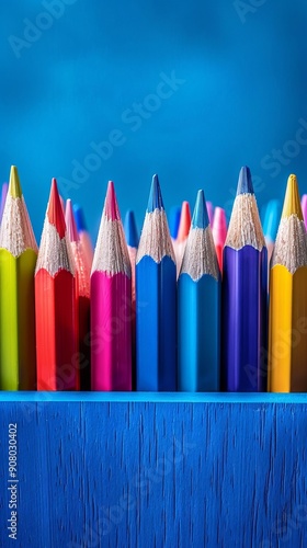 Vibrant Colored Pencils Arranged in Blue Holder on Blue Background