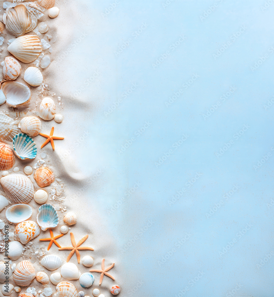 Fototapeta premium Sea background with various seashells, starfish on sand and waves.