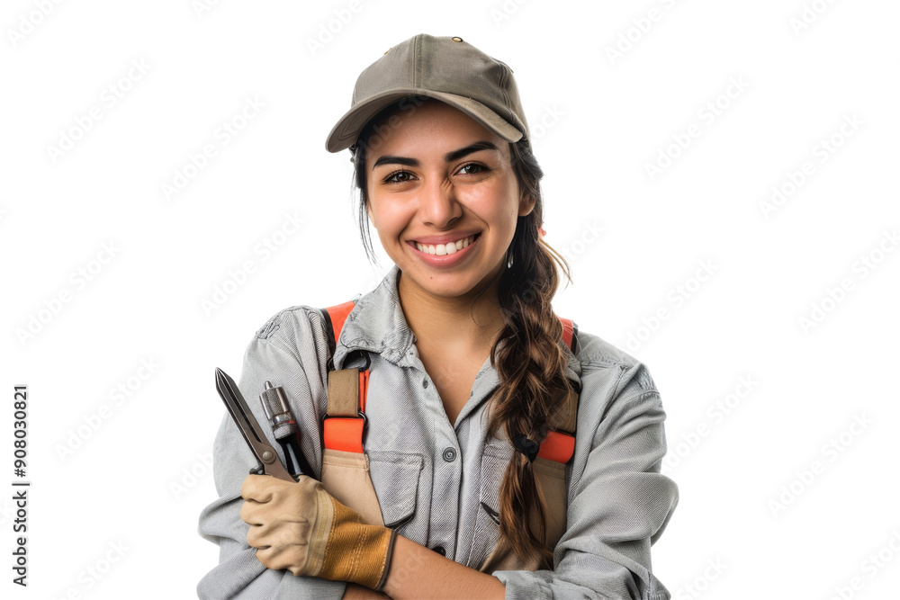Grinning Hispanic female maintenance worker with pliers Isolated on white background Grinning Hispanic female maintenance worker with pliers Isolated on white background