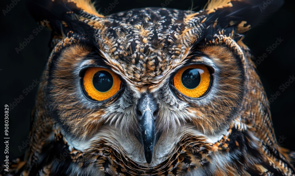 Close up of a majestic owl with striking orange eyes and intricate feather patterns on a dark background Close up of a majestic owl with striking orange eyes and intricate feather patterns on a dark background